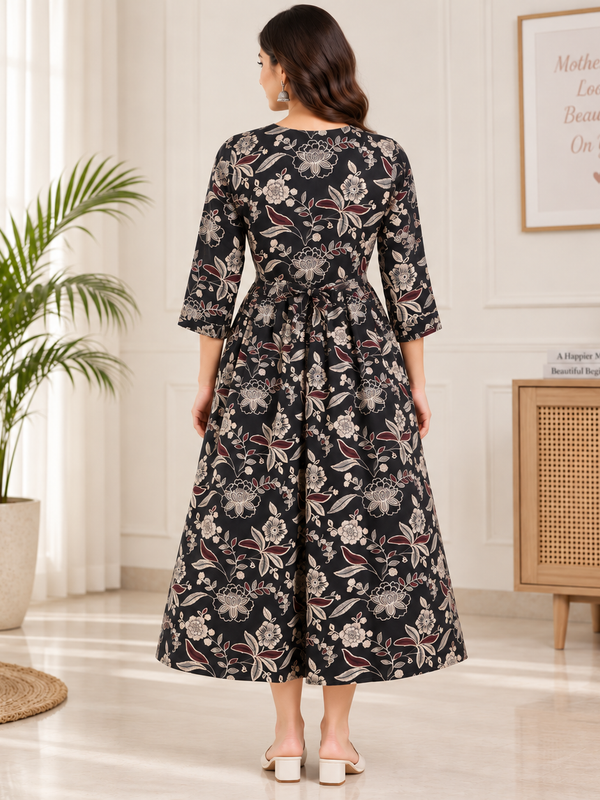 Women's Charcoal Black Ethnic Floral Print Pure Cotton Anarkali Maternity Feeding Dress with Zipper