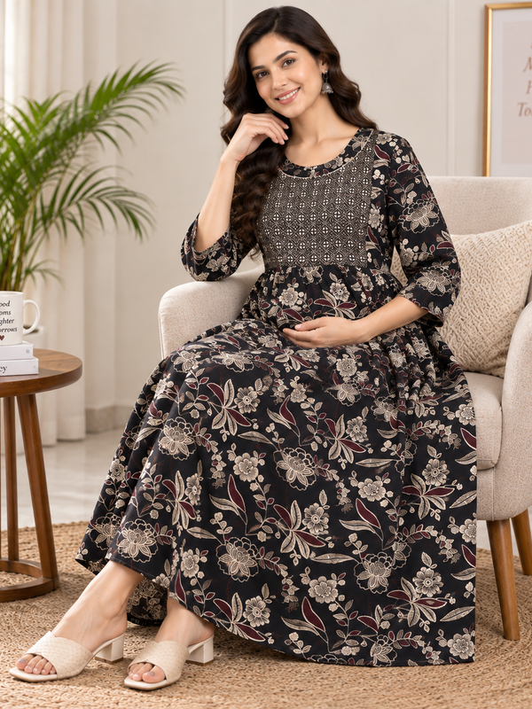 Women's Charcoal Black Ethnic Floral Print Pure Cotton Anarkali Maternity Feeding Dress with Zipper