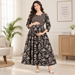 Women's Charcoal Black Ethnic Floral Print Pure Cotton Anarkali Maternity Feeding Dress with Zipper