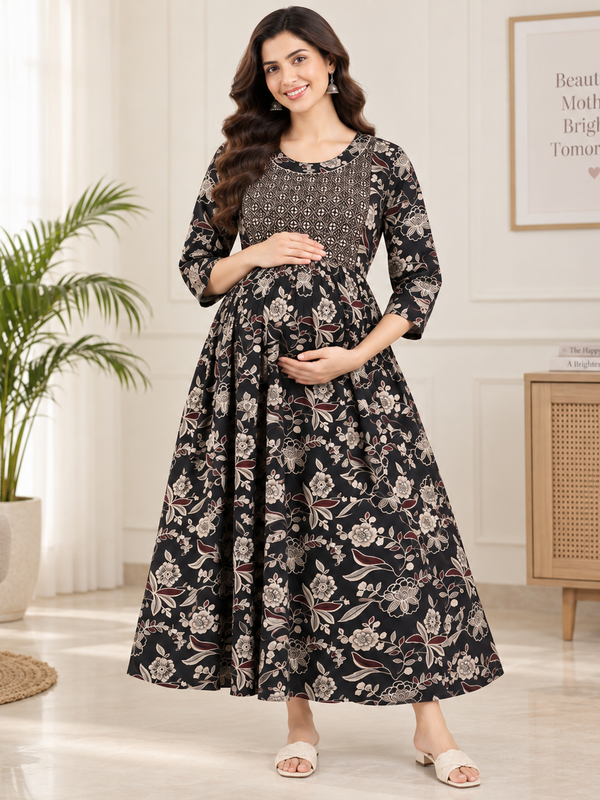 Women's Charcoal Black Ethnic Floral Print Pure Cotton Anarkali Maternity Feeding Dress with Zipper