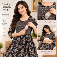 Women's Charcoal Black Ethnic Floral Print Pure Cotton Anarkali Maternity Feeding Dress with Zipper