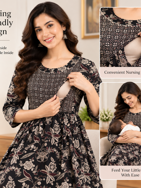 Women's Charcoal Black Ethnic Floral Print Pure Cotton Anarkali Maternity Feeding Dress with Zipper