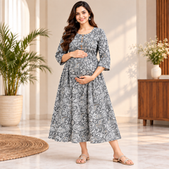 Women's Grey Paisley Floral Print Pure Cotton Anarkali Maternity Feeding Dress with Zipper