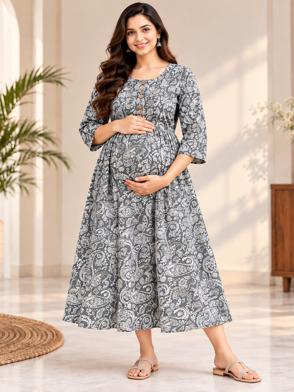 Women's Grey Paisley Floral Print Pure Cotton Anarkali Maternity Feeding Dress with Zipper