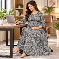 Women's Grey Paisley Floral Print Pure Cotton Anarkali Maternity Feeding Dress with Zipper