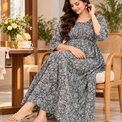 Women's Grey Paisley Floral Print Pure Cotton Anarkali Maternity Feeding Dress with Zipper