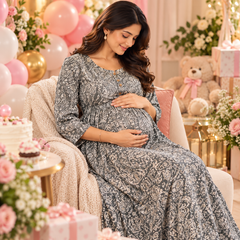 Women's Grey Paisley Floral Print Pure Cotton Anarkali Maternity Feeding Dress with Zipper