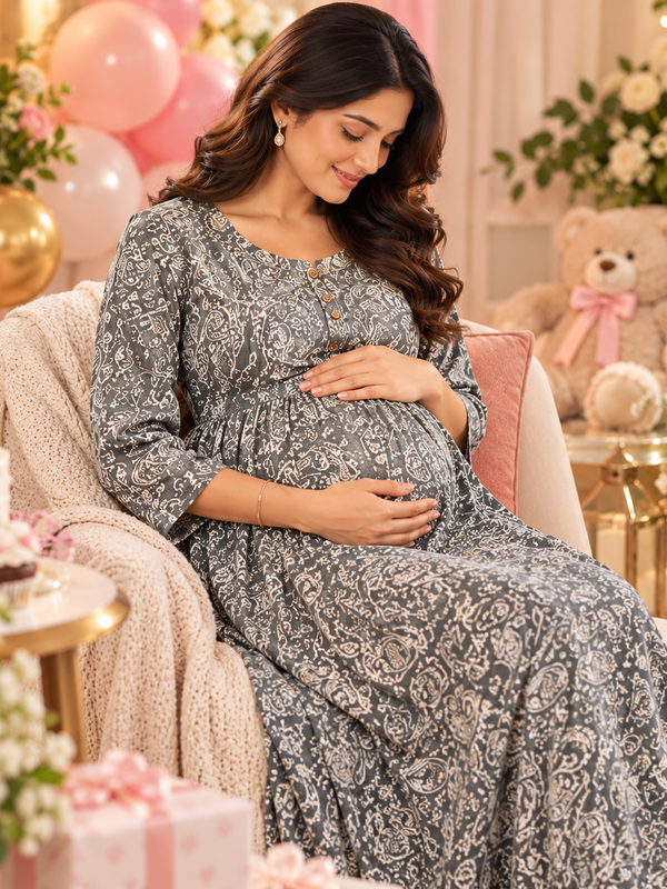 Women's Grey Paisley Floral Print Pure Cotton Anarkali Maternity Feeding Dress with Zipper