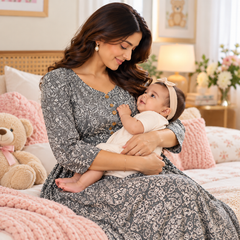 Women's Grey Paisley Floral Print Pure Cotton Anarkali Maternity Feeding Dress with Zipper