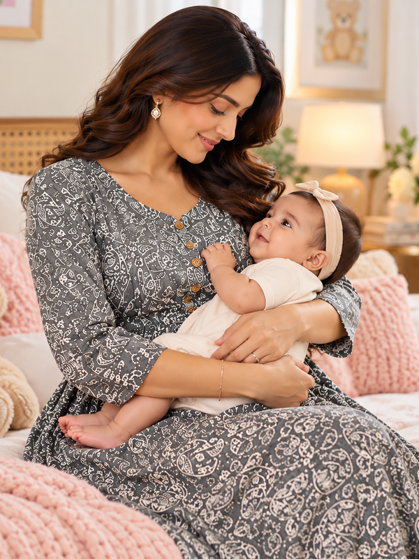 Women's Grey Paisley Floral Print Pure Cotton Anarkali Maternity Feeding Dress with Zipper