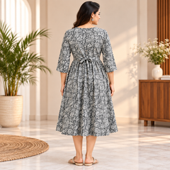 Women's Grey Paisley Floral Print Pure Cotton Anarkali Maternity Feeding Dress with Zipper