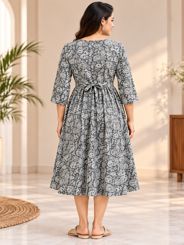 Women's Grey Paisley Floral Print Pure Cotton Anarkali Maternity Feeding Dress with Zipper