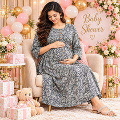 Women's Grey Paisley Floral Print Pure Cotton Anarkali Maternity Feeding Dress with Zipper
