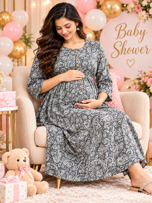 Women's Grey Paisley Floral Print Pure Cotton Anarkali Maternity Feeding Dress with Zipper