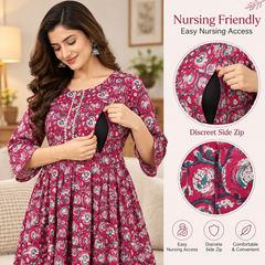 Women's Dark Pink Floral Block Print Pure Cotton Anarkali Maternity Feeding Dress with Zipper