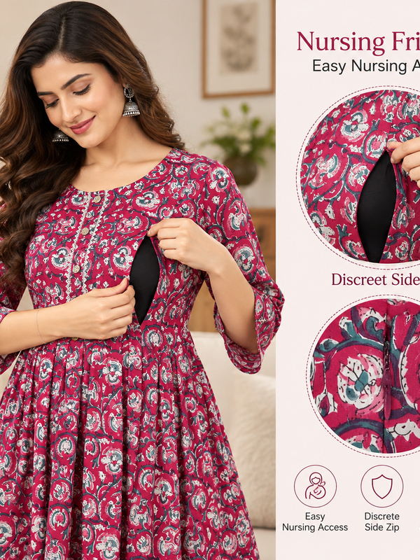 Women's Dark Pink Floral Block Print Pure Cotton Anarkali Maternity Feeding Dress with Zipper