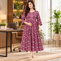 Women's Dark Pink Floral Block Print Pure Cotton Anarkali Maternity Feeding Dress with Zipper