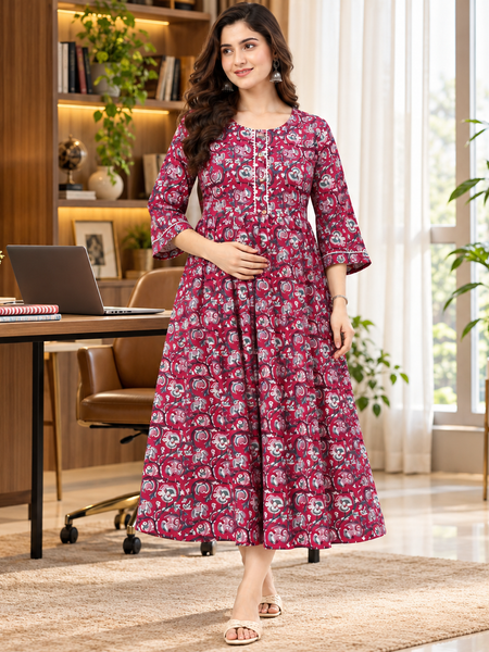 Women's Dark Pink Floral Block Print Pure Cotton Anarkali Maternity Feeding Dress with Zipper