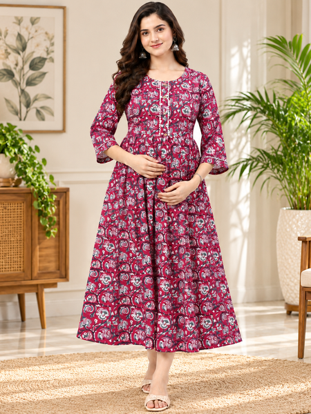 Women's Dark Pink Floral Block Print Pure Cotton Anarkali Maternity Feeding Dress with Zipper