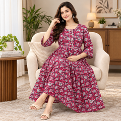 Women's Dark Pink Floral Block Print Pure Cotton Anarkali Maternity Feeding Dress with Zipper