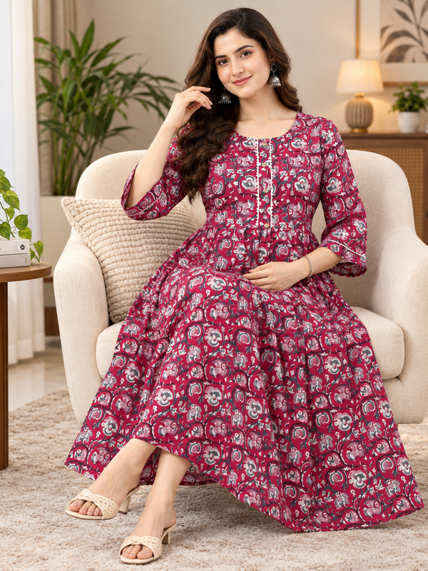 Women's Dark Pink Floral Block Print Pure Cotton Anarkali Maternity Feeding Dress with Zipper