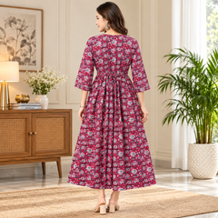 Women's Dark Pink Floral Block Print Pure Cotton Anarkali Maternity Feeding Dress with Zipper