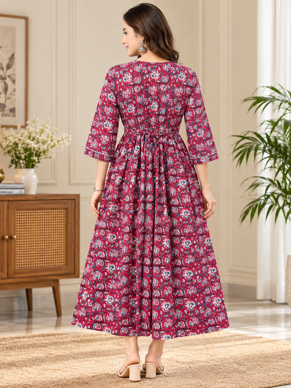 Women's Dark Pink Floral Block Print Pure Cotton Anarkali Maternity Feeding Dress with Zipper