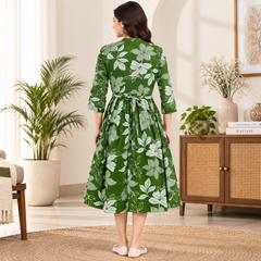 Women's Green Leaf & Floral Print Pure Cotton Anarkali Maternity Feeding Dress with Zipper
