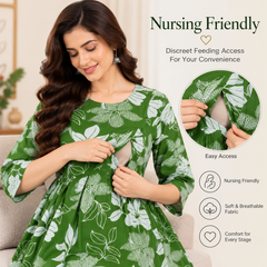 Women's Green Leaf & Floral Print Pure Cotton Anarkali Maternity Feeding Dress with Zipper