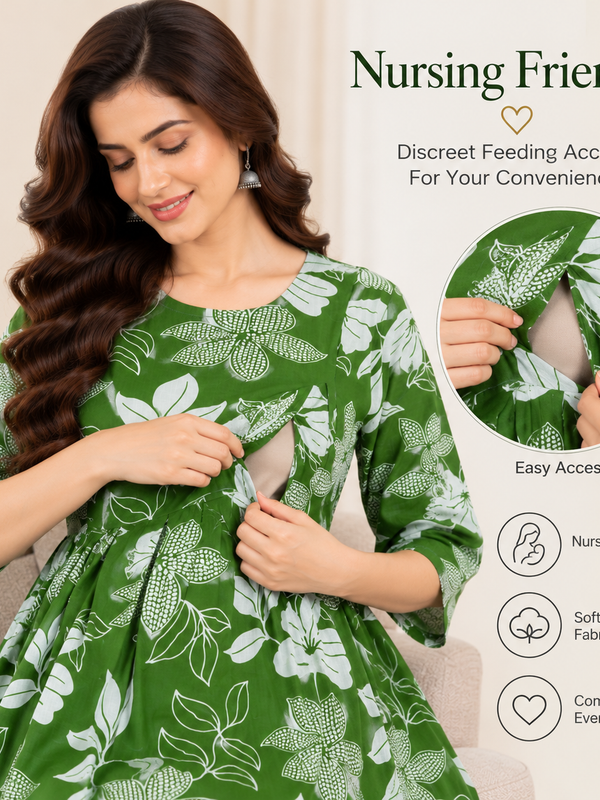 Women's Green Leaf & Floral Print Pure Cotton Anarkali Maternity Feeding Dress with Zipper