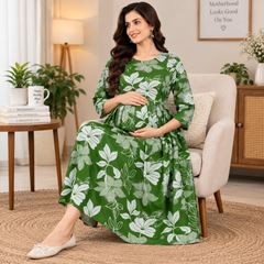Women's Green Leaf & Floral Print Pure Cotton Anarkali Maternity Feeding Dress with Zipper