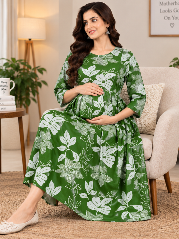 Women's Green Leaf & Floral Print Pure Cotton Anarkali Maternity Feeding Dress with Zipper