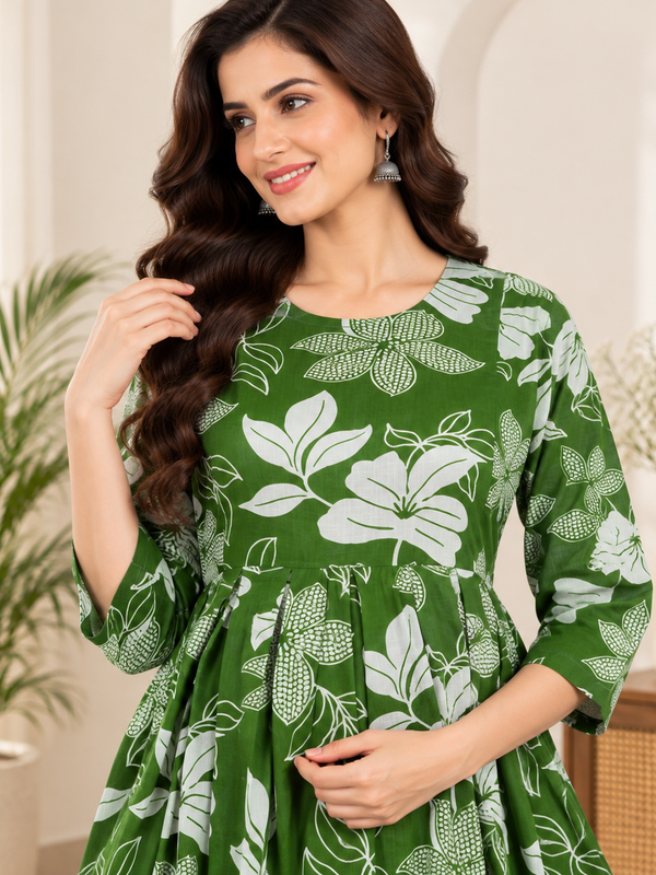 Women's Green Leaf & Floral Print Pure Cotton Anarkali Maternity Feeding Dress with Zipper