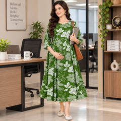 Women's Green Leaf & Floral Print Pure Cotton Anarkali Maternity Feeding Dress with Zipper