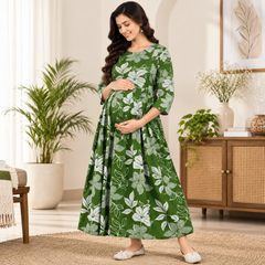 Women's Green Leaf & Floral Print Pure Cotton Anarkali Maternity Feeding Dress with Zipper