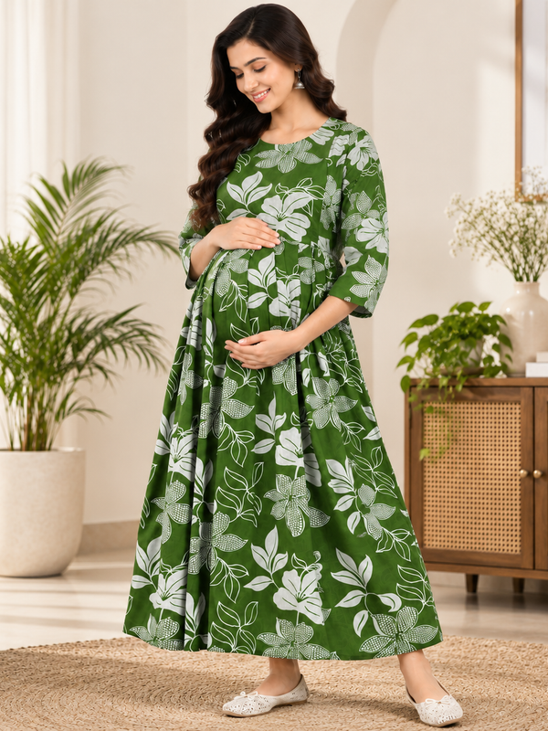 Women's Green Leaf & Floral Print Pure Cotton Anarkali Maternity Feeding Dress with Zipper