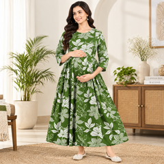 Women's Green Leaf & Floral Print Pure Cotton Anarkali Maternity Feeding Dress with Zipper