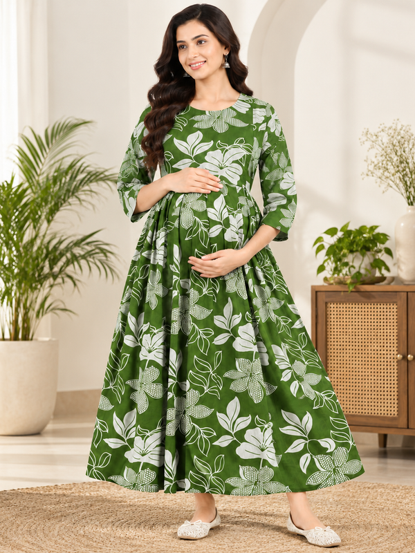 Women's Green Leaf & Floral Print Pure Cotton Anarkali Maternity Feeding Dress with Zipper