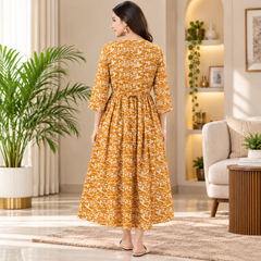 Women's Mustard Yellow Floral & Zigzag Print Pure Cotton Anarkali Maternity Feeding Dress with Zipper