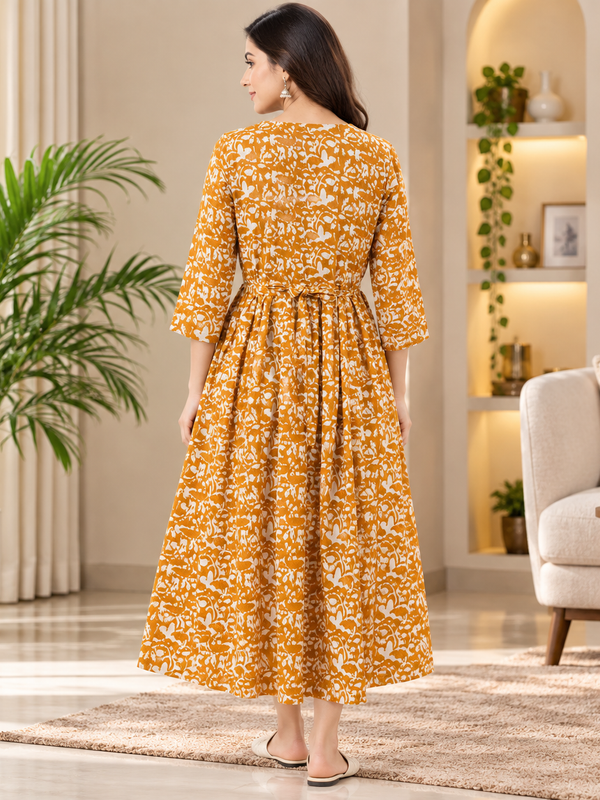 Women's Mustard Yellow Floral & Zigzag Print Pure Cotton Anarkali Maternity Feeding Dress with Zipper