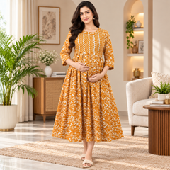 Women's Mustard Yellow Floral & Zigzag Print Pure Cotton Anarkali Maternity Feeding Dress with Zipper