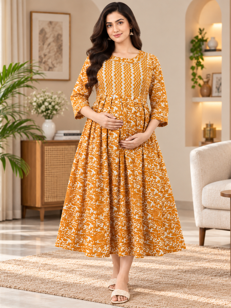Women's Mustard Yellow Floral & Zigzag Print Pure Cotton Anarkali Maternity Feeding Dress with Zipper