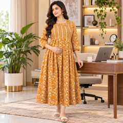 Women's Mustard Yellow Floral & Zigzag Print Pure Cotton Anarkali Maternity Feeding Dress with Zipper