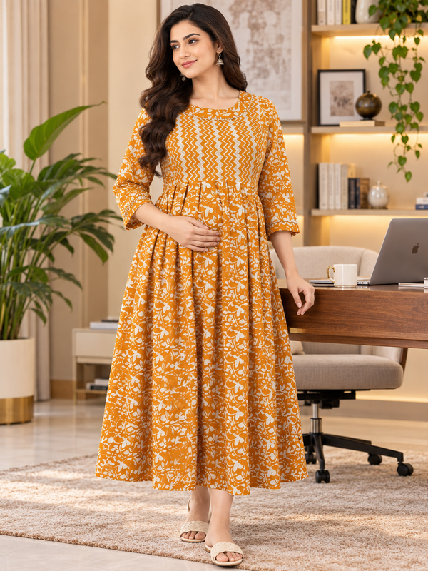 Women's Mustard Yellow Floral & Zigzag Print Pure Cotton Anarkali Maternity Feeding Dress with Zipper