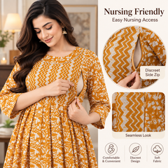 Women's Mustard Yellow Floral & Zigzag Print Pure Cotton Anarkali Maternity Feeding Dress with Zipper