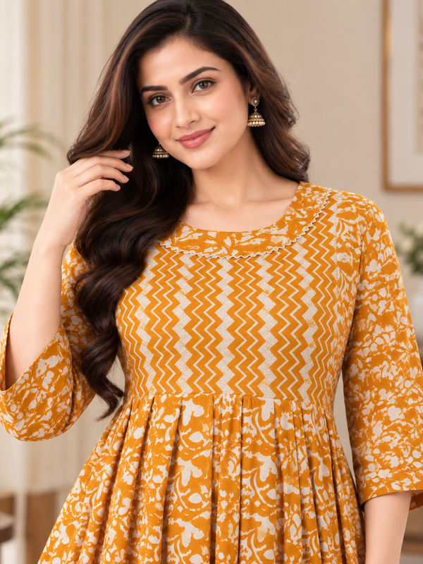 Women's Mustard Yellow Floral & Zigzag Print Pure Cotton Anarkali Maternity Feeding Dress with Zipper