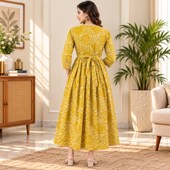 Women's Honey Yellow Ethnic Floral Print Pure Cotton Anarkali Maternity Feeding Dress with Zipper