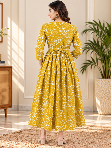Women's Honey Yellow Ethnic Floral Print Pure Cotton Anarkali Maternity Feeding Dress with Zipper