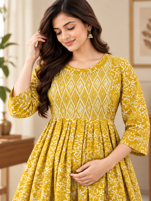 Women's Honey Yellow Ethnic Floral Print Pure Cotton Anarkali Maternity Feeding Dress with Zipper
