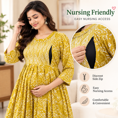 Women's Honey Yellow Ethnic Floral Print Pure Cotton Anarkali Maternity Feeding Dress with Zipper